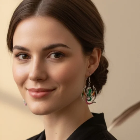 Dragon Dangle Earrings, Enamel Alloy Earrings, 3.3 cm. - Picture 3 of 8